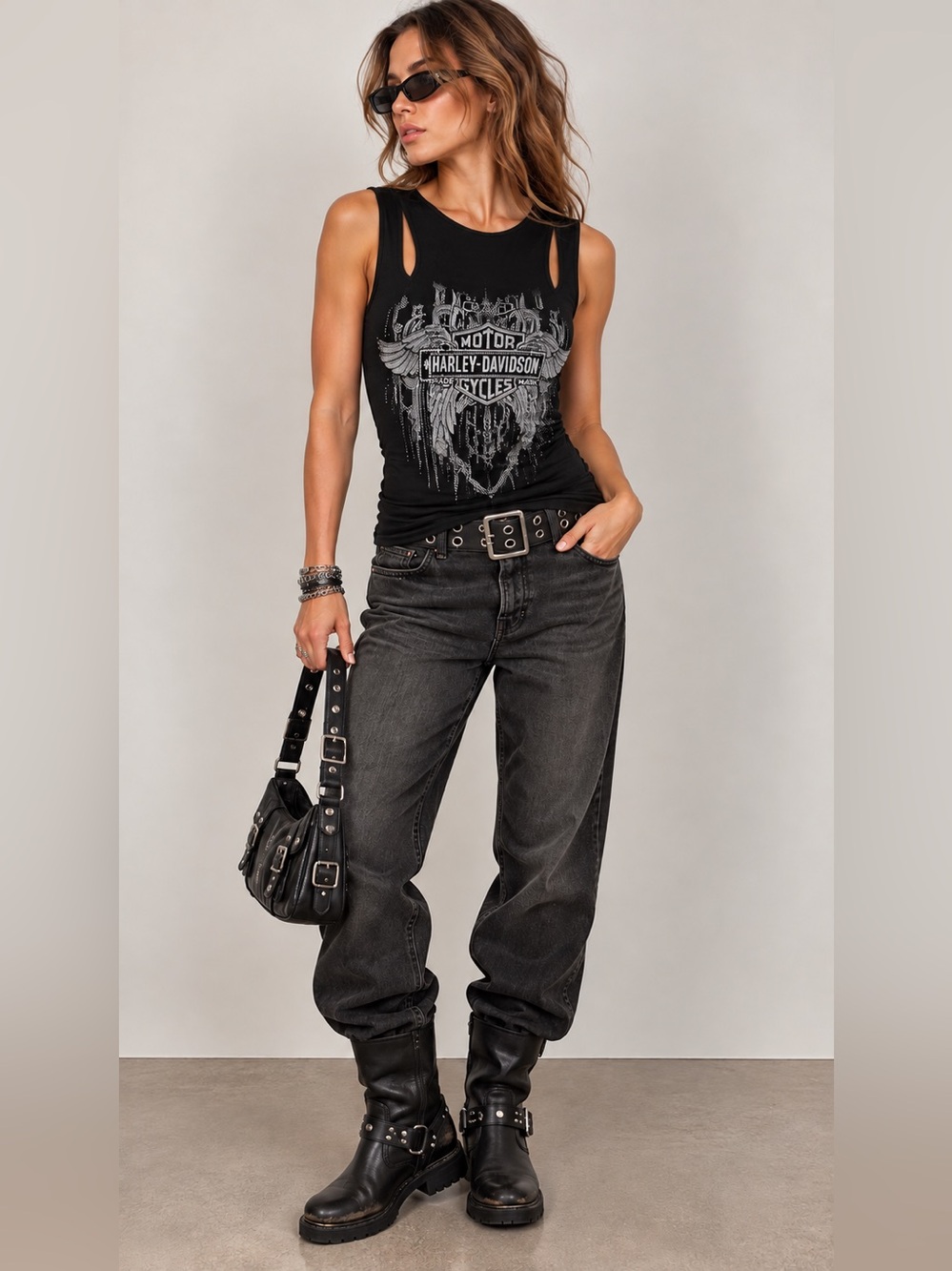 Harley-Davidson Black Tank with Silver Rhinestone Winged Logo cut out biker Y2K